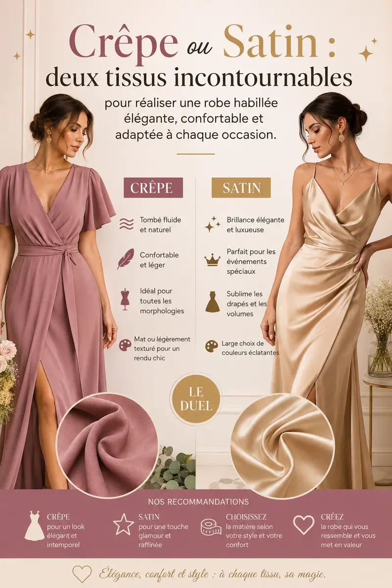 Crêpe ou satin pour robe habillée élégante tissu cérémonie femme couture