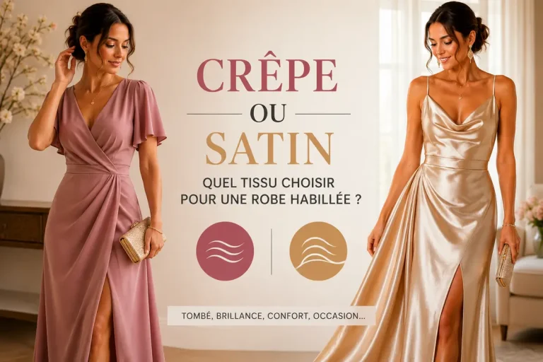 Comparaison entre une robe habillée en crêpe mat et une robe en satin brillant pour choisir le tissu idéal selon le tombé, la brillance, le confort et l’occasion.
