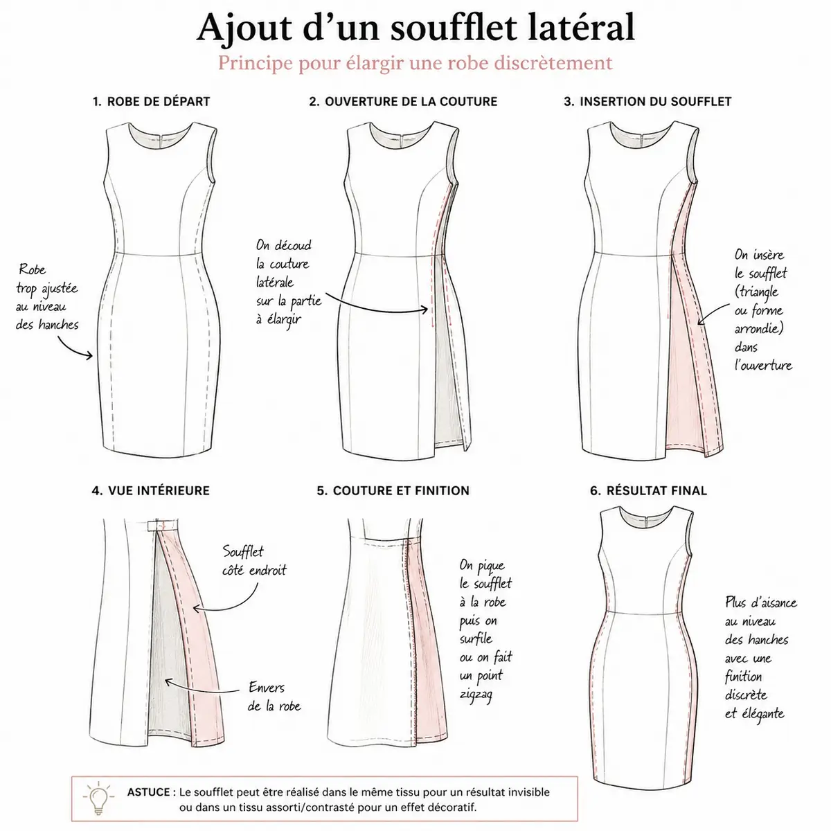 Croquis montrant l'ajout d'un soufflet latéral sur une robe