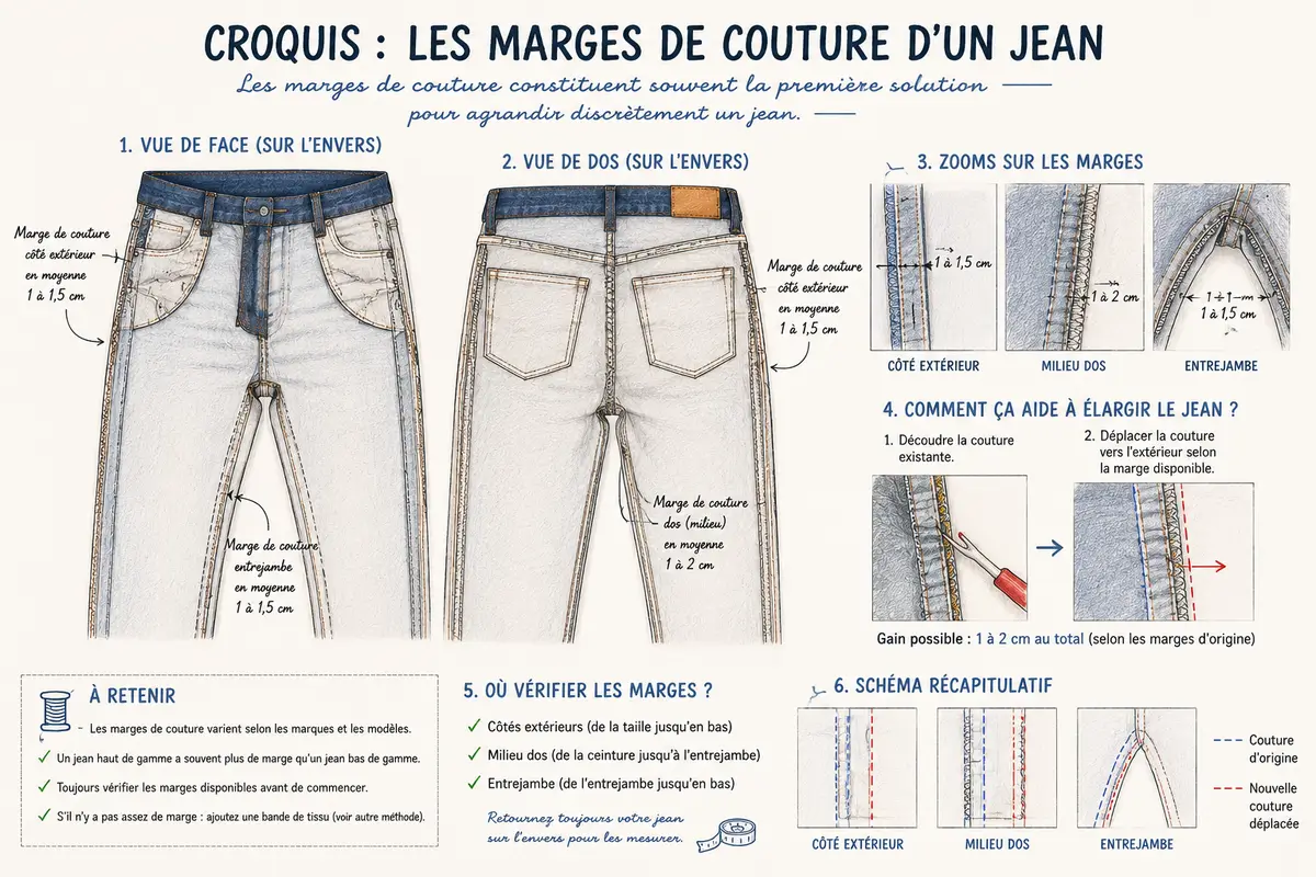 Croquis montrant les marges de couture d'un jean