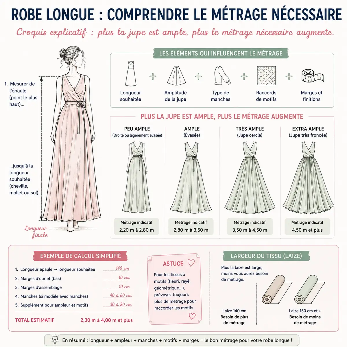 Combien de tissu faut-il pour coudre une robe, une jupe ou un pantalon ? 5 Croquis robe longue avec schéma de calcul du métrage tissu