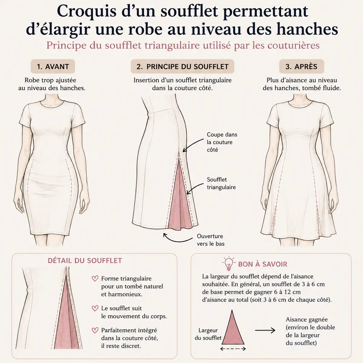 Croquis d'un soufflet permettant d'élargir une robe au niveau des hanches