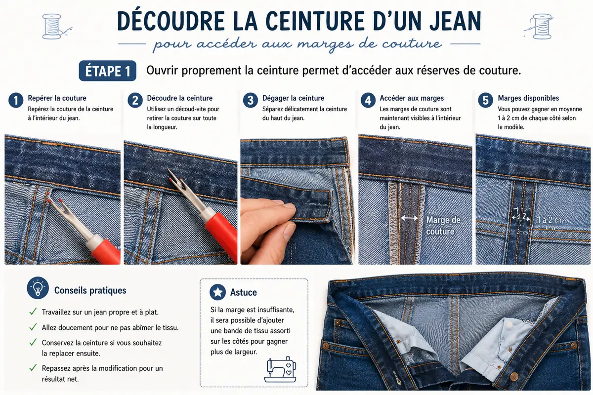 Découdre la ceinture d'un jean pour accéder aux marges de couture