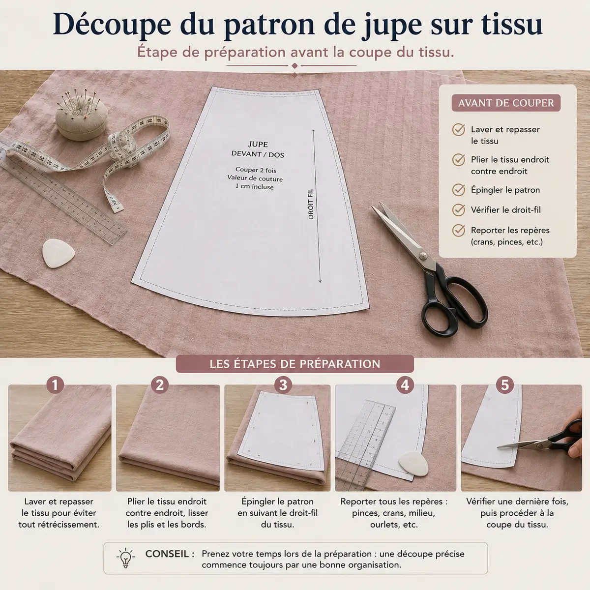 Quel tissu choisir pour une jupe ? Le guide complet pour trouver la matière idéale selon votre style 13 Découpe du patron de jupe sur tissu avant couture avec vérification du droit-fil