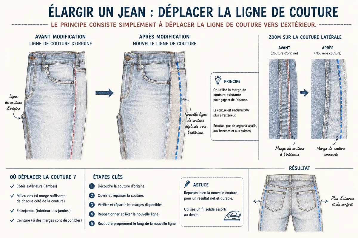 Croquis montrant la nouvelle ligne de couture après élargissement d'un jean