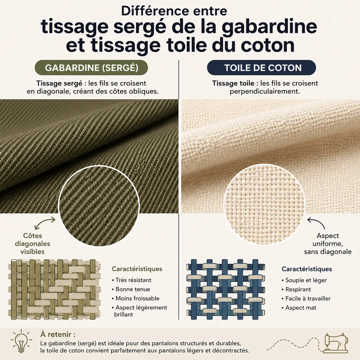 Gabardine ou toile de coton : le meilleur tissu pour coudre un pantalon confortable et durable ? 3 Différence entre tissage sergé de la gabardine et tissage toile du coton