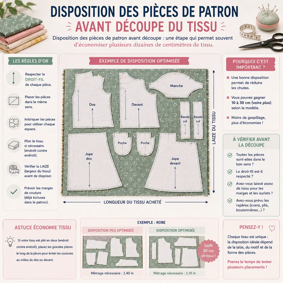 Combien de tissu faut-il pour coudre une robe, une jupe ou un pantalon ? 13 Disposition des pièces de patron avant découpe du tissu