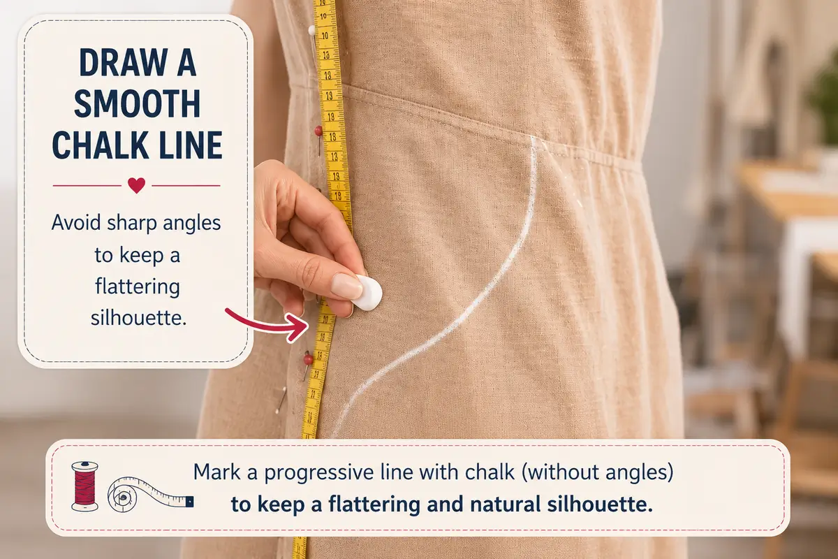 Marking a dress with tailor’s chalk before taking in the side seams