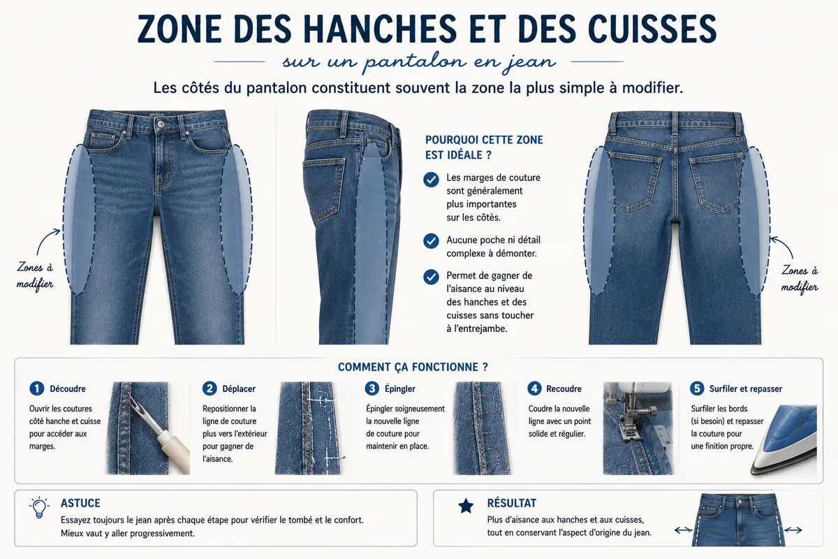 Zone des hanches et des cuisses sur un pantalon en jean