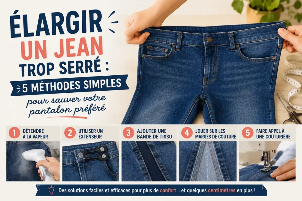Image hero illustrant différentes méthodes pour élargir un jean trop serré, avec vapeur, bande de tissu, marges de couture et retouche professionnelle.