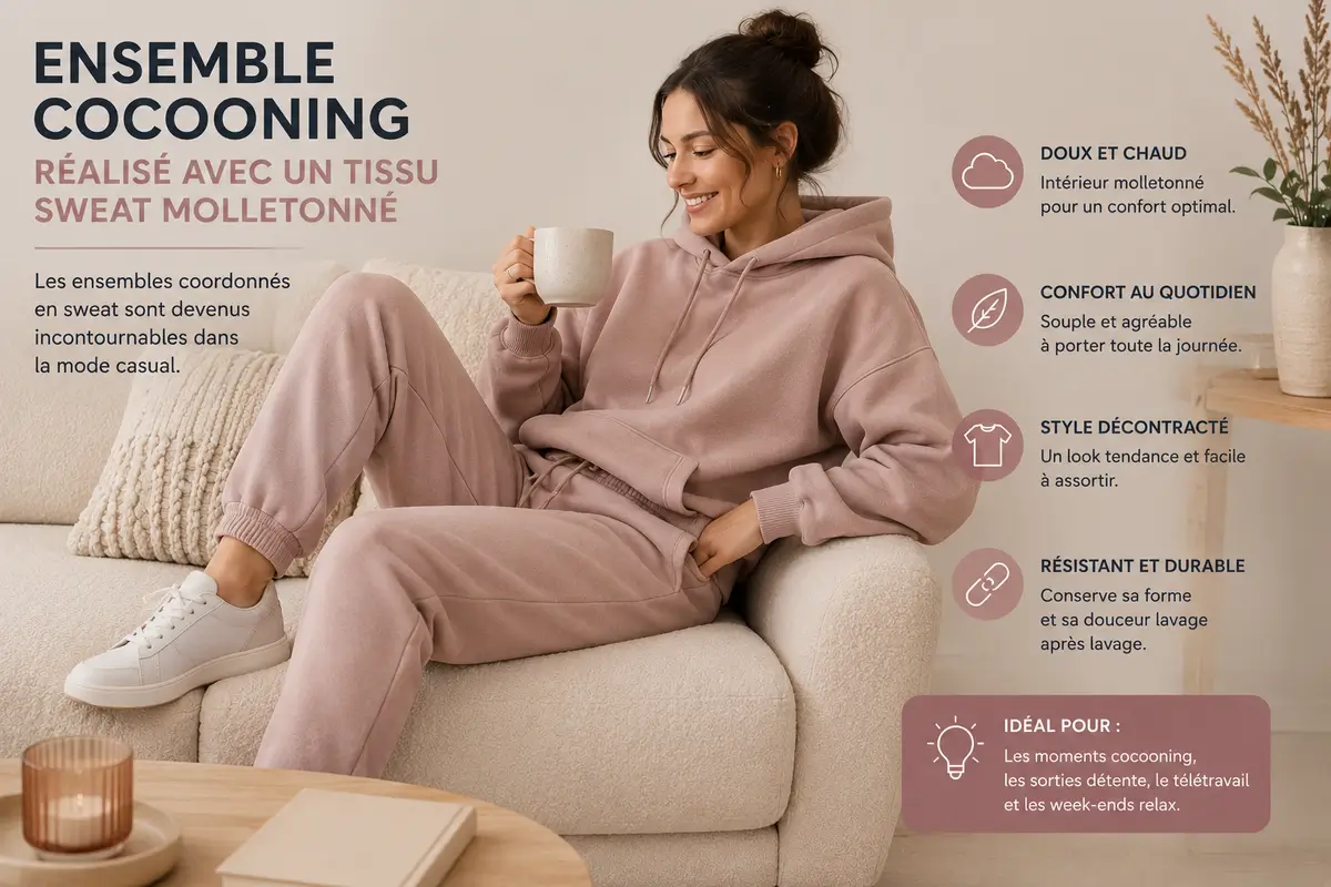 Ensemble cocooning réalisé avec un tissu sweat molletonné