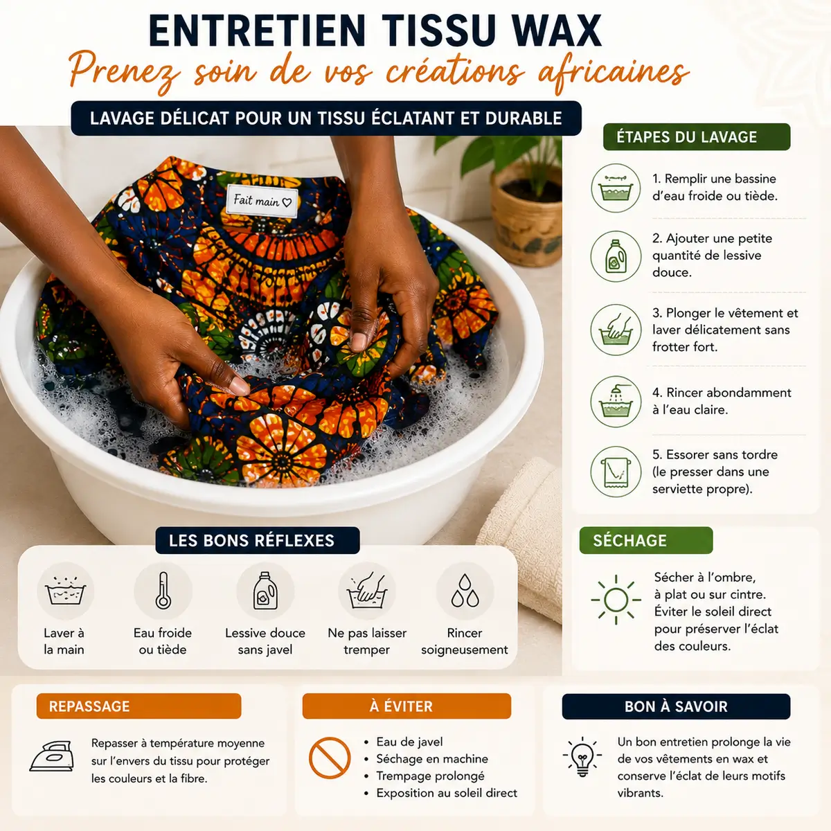 Lavage délicat d’un vêtement en tissu wax africain pour préserver les couleurs