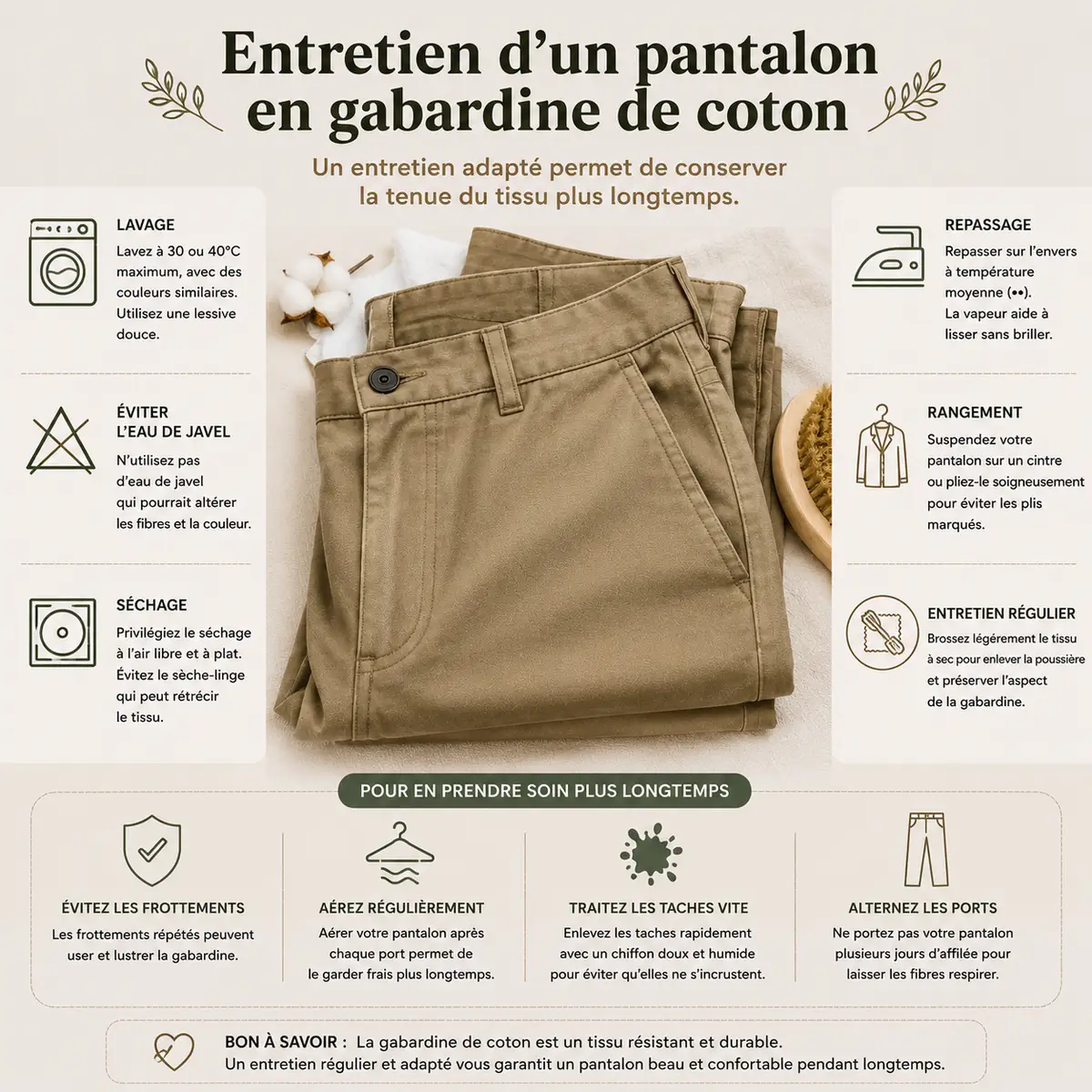 Gabardine ou toile de coton : le meilleur tissu pour coudre un pantalon confortable et durable ? 12 Entretien d’un pantalon en gabardine de coton