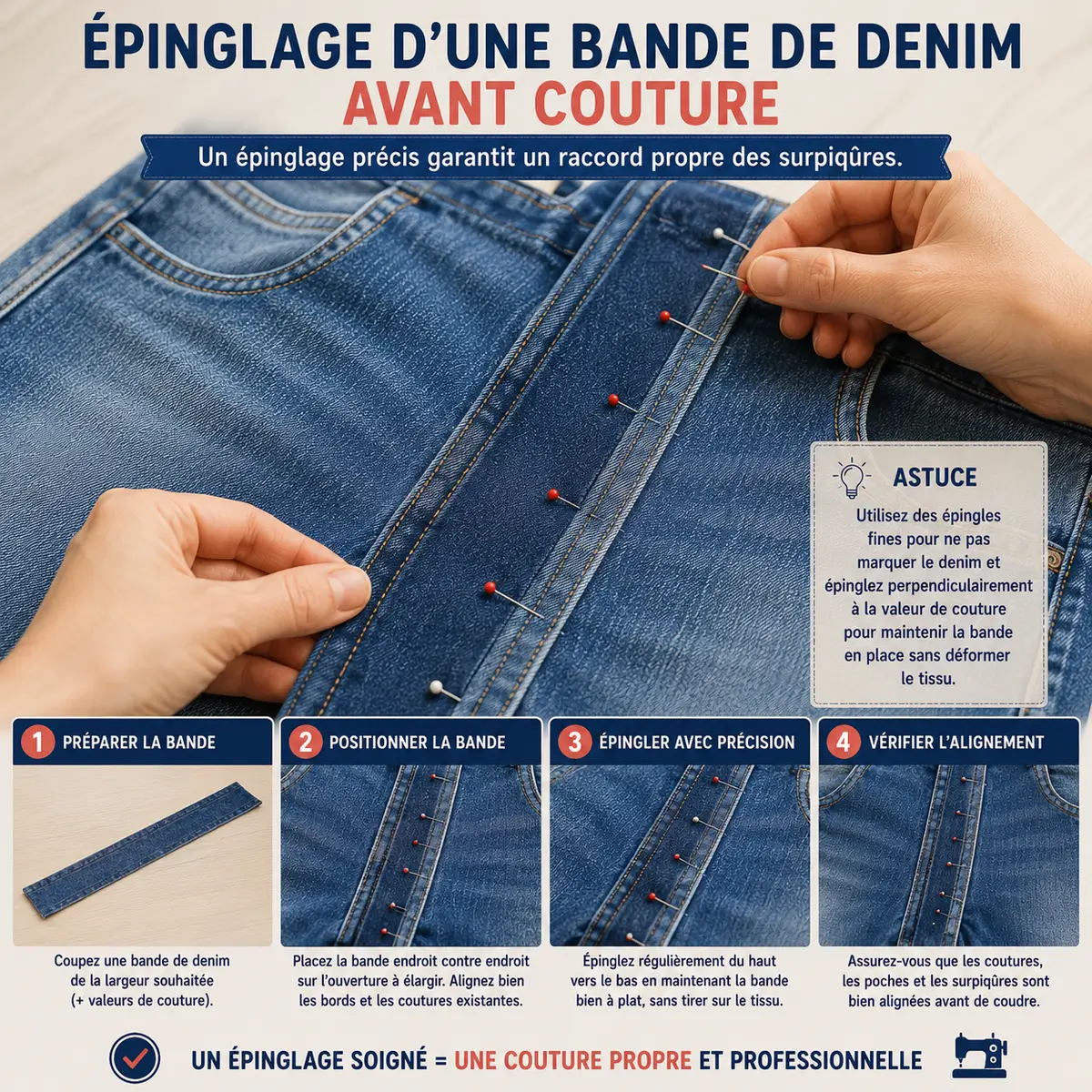 Épinglage d'une bande de denim avant couture
