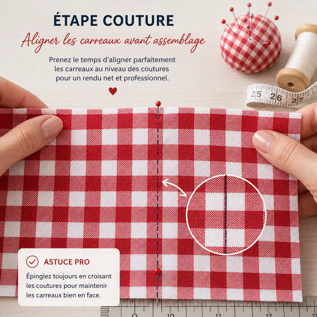 Exemple de découpe et alignement des carreaux sur tissu vichy avant assemblage couture