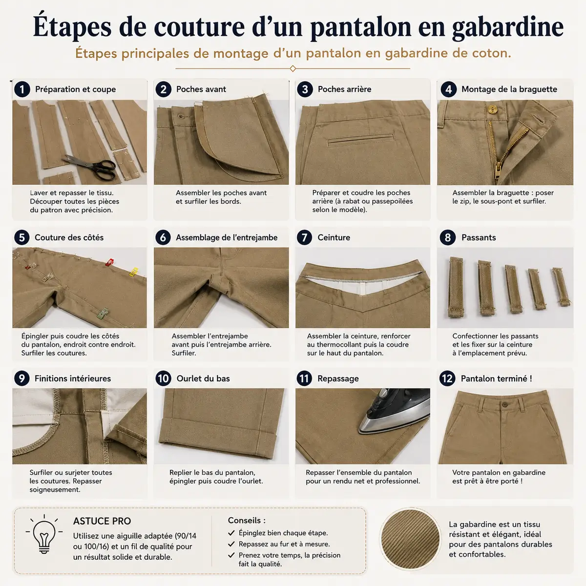 Gabardine ou toile de coton : le meilleur tissu pour coudre un pantalon confortable et durable ? 11 Étapes de couture d’un pantalon en gabardine