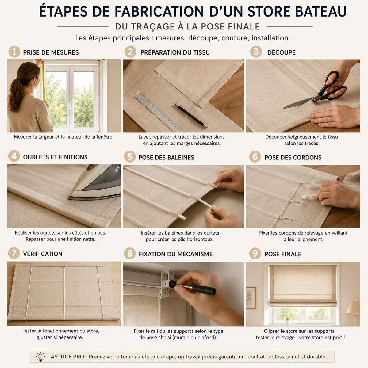 Store bateau : le guide complet pour le coudre facilement et obtenir un résultat digne d’un décorateur 5 Étapes de fabrication d'un store bateau du traçage à la pose finale