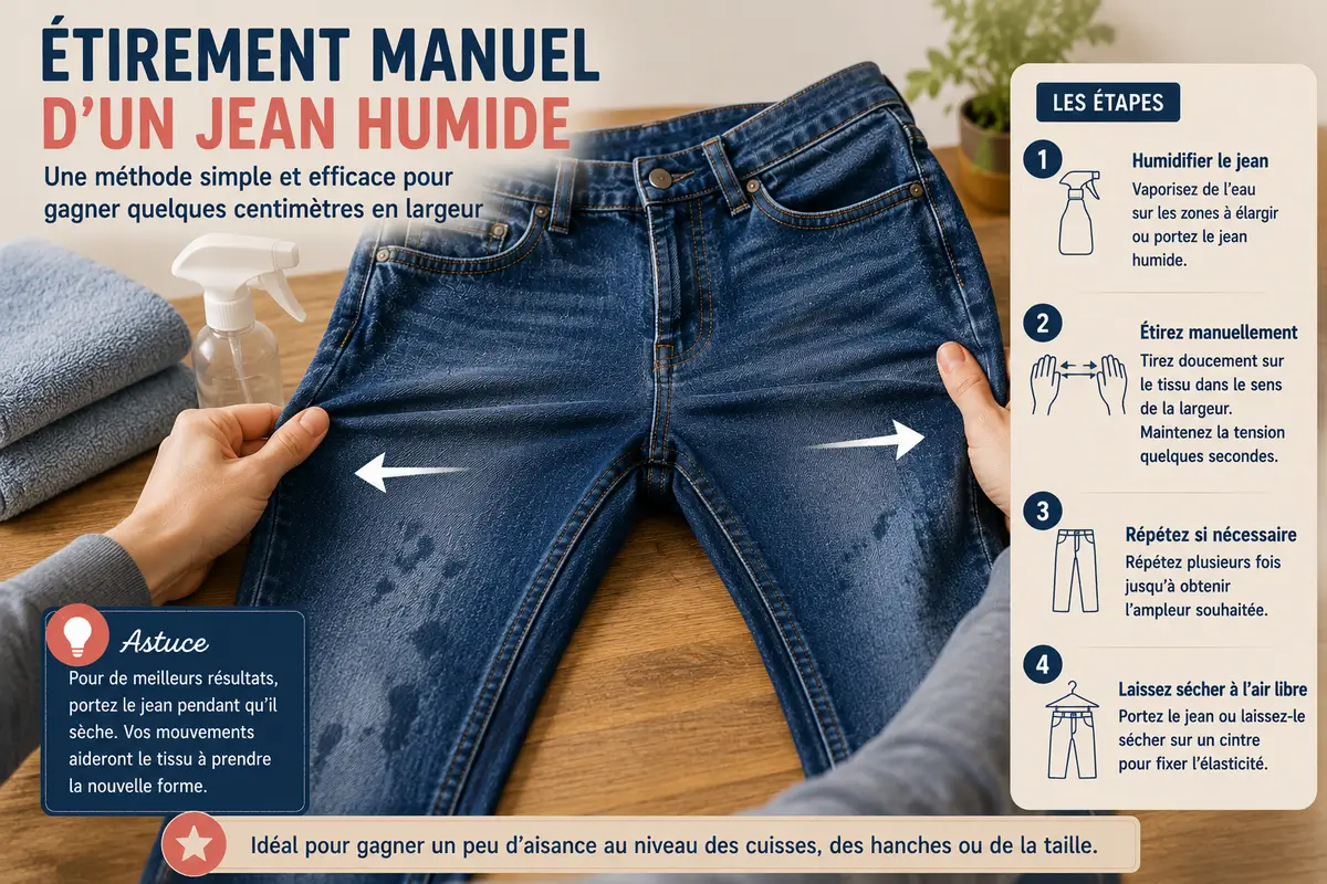 Étirement manuel d'un jean humide