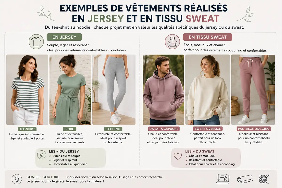 Exemples de vêtements réalisés en jersey et en tissu sweat