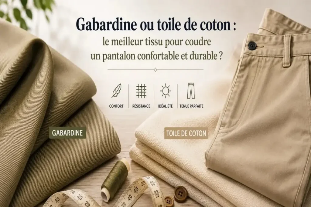 Image hero comparant la gabardine et la toile de coton pour choisir le meilleur tissu pour coudre un pantalon