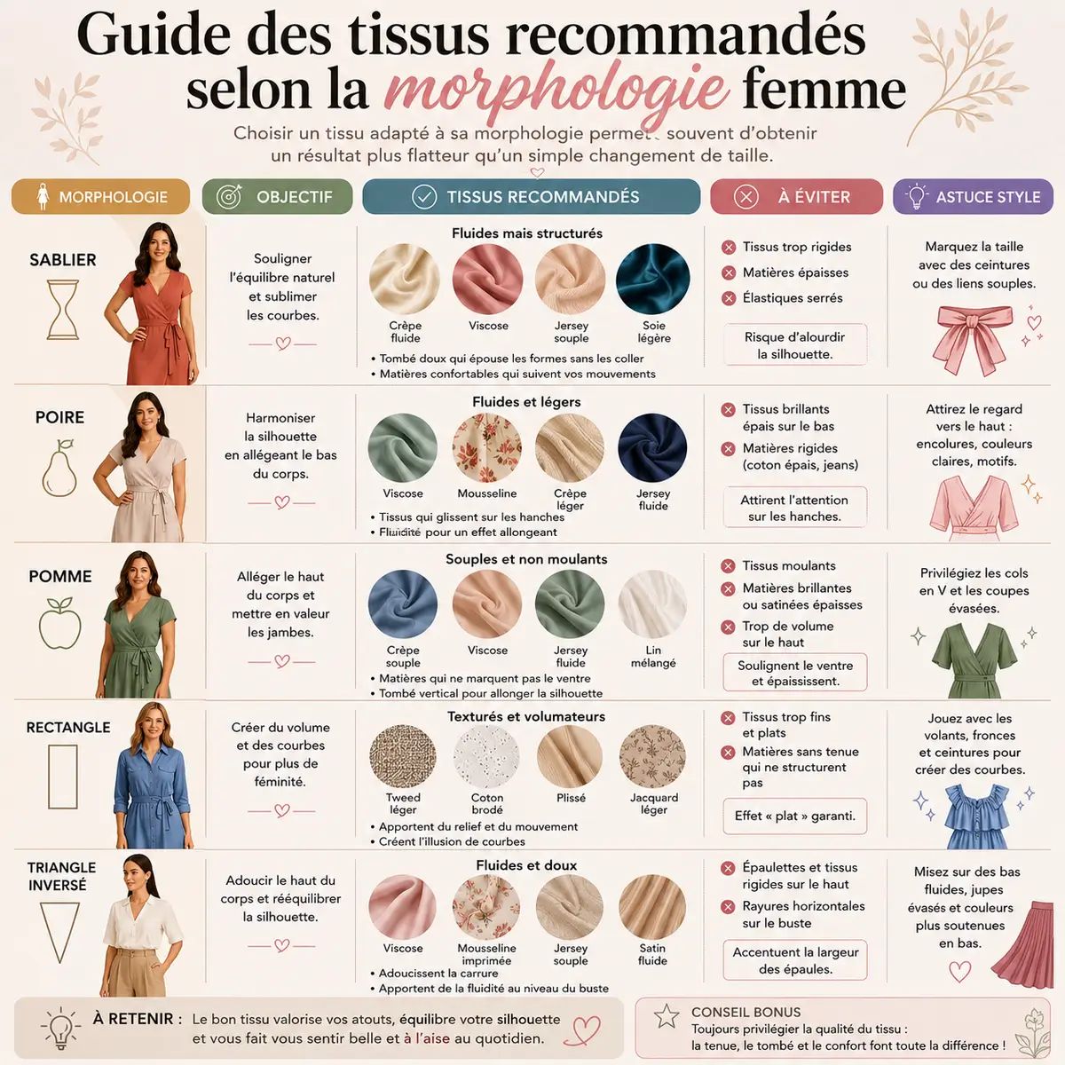 Guide des tissus recommandés selon la morphologie femme