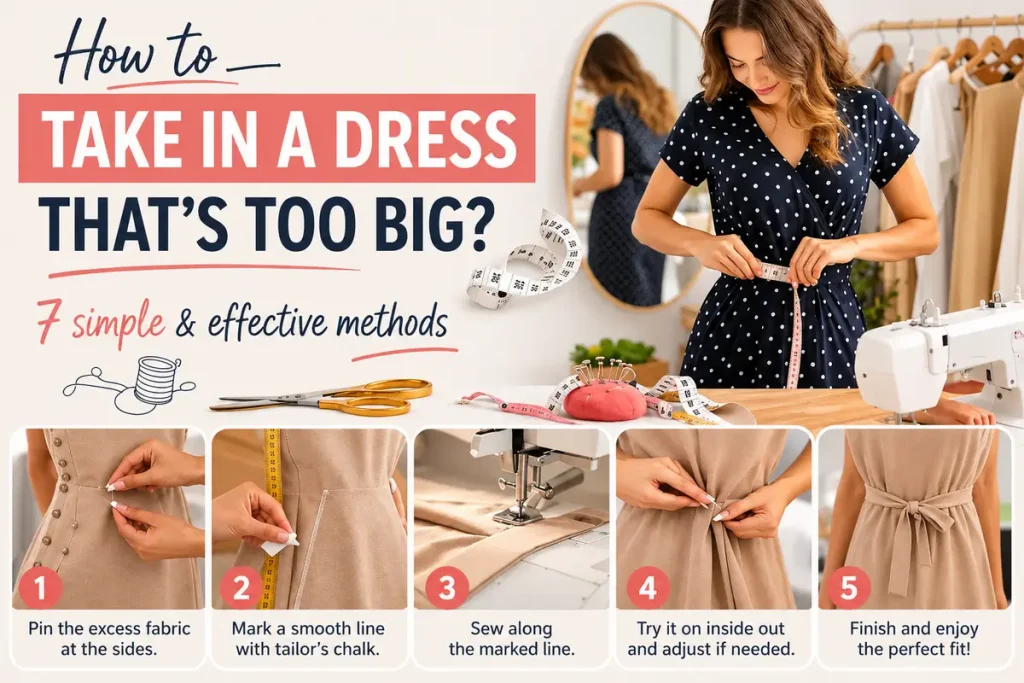 Step-by-step sewing infographic showing seven easy methods to make a dress smaller, including pinning, marking, sewing, fitting adjustments and waist shaping techniques.