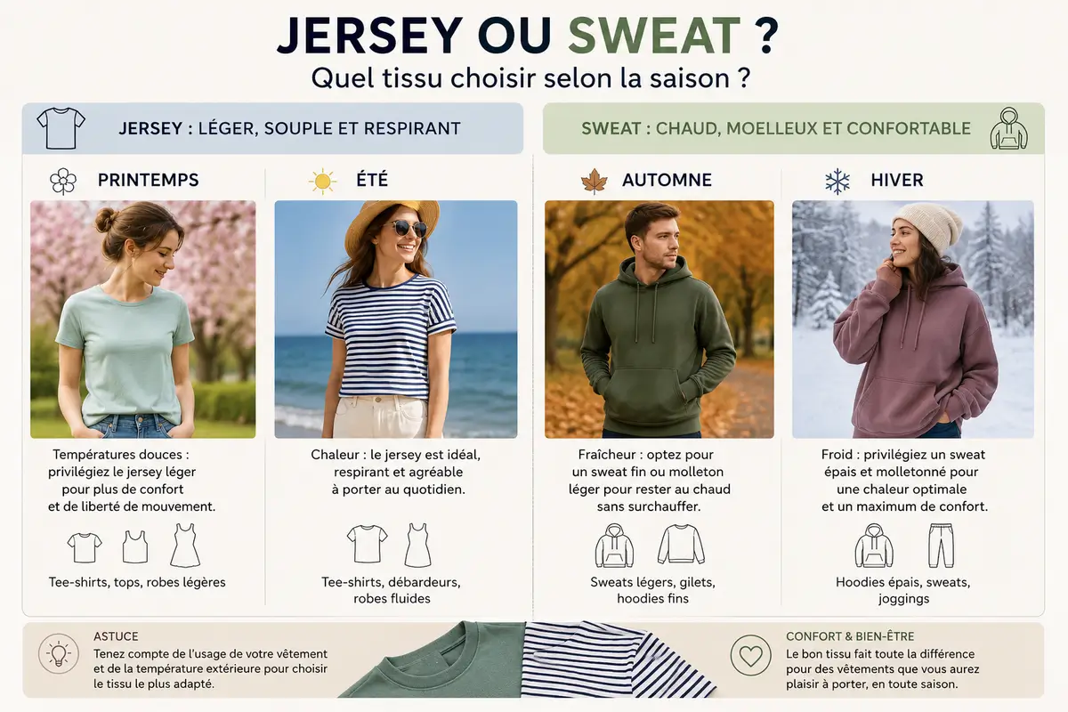 Comparaison entre un vêtement en jersey et un vêtement en sweat selon la saison