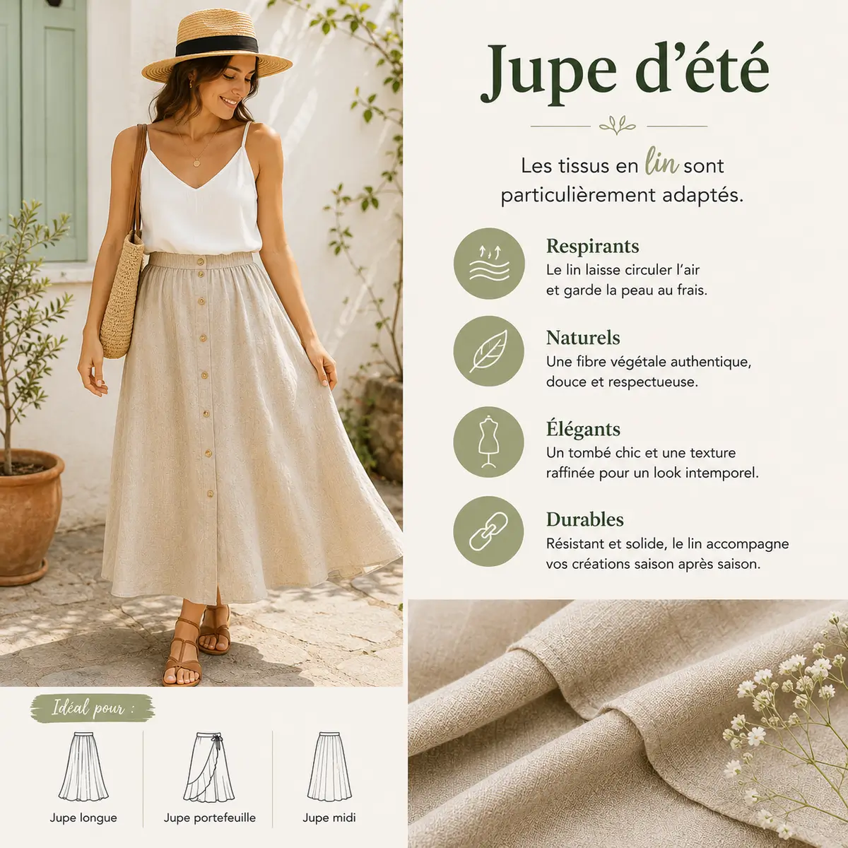 Femme portant une jupe d’été en lin beige tissu naturel respirant élégant et durable pour coudre une jupe légère