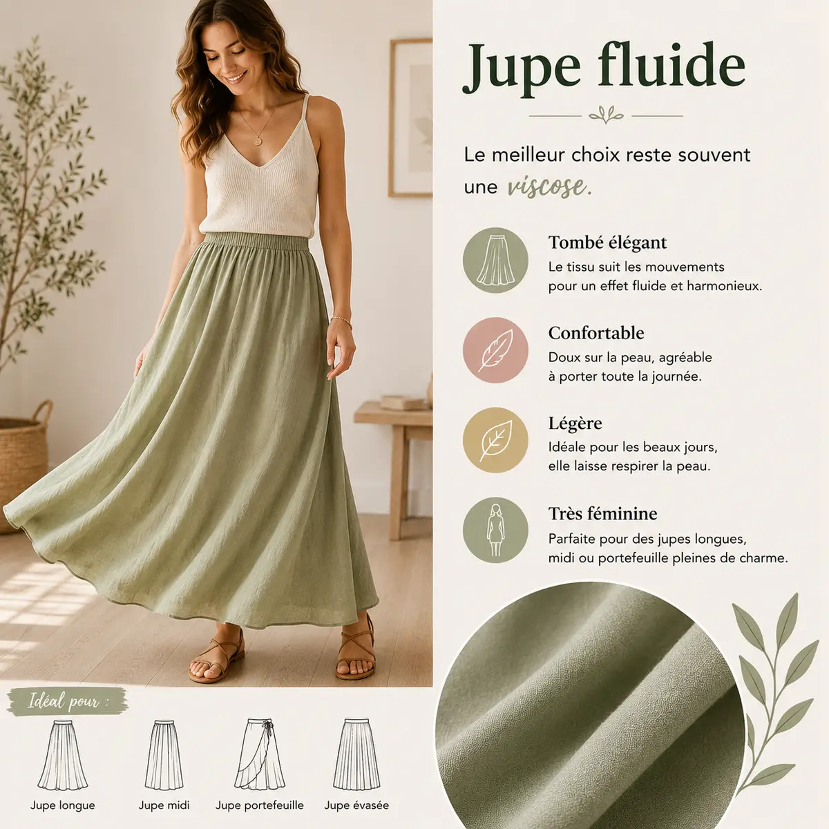 Femme portant une jupe fluide en viscose avec tombé élégant tissu léger et confortable pour jupe longue ou portefeuille