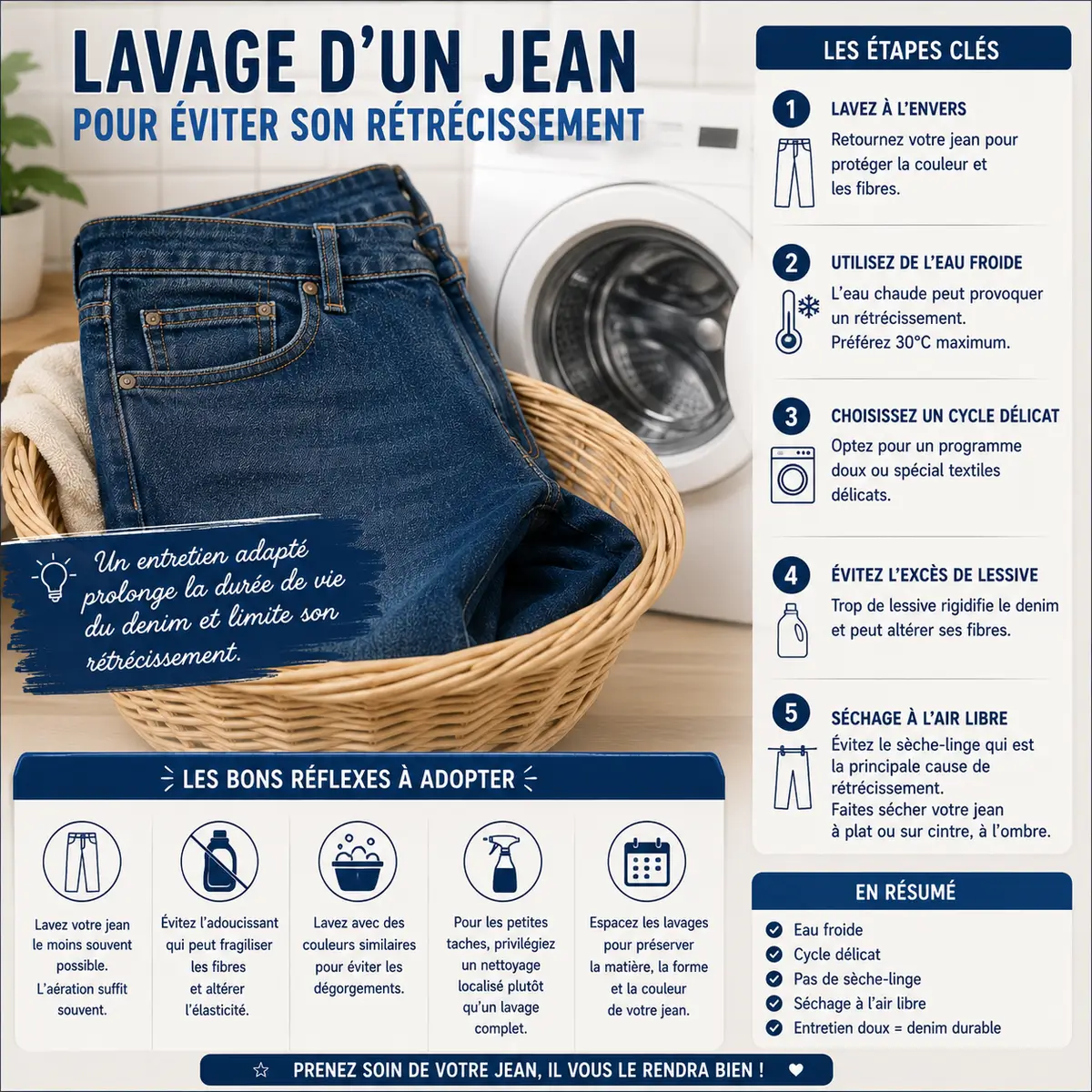 Lavage d'un jean pour éviter son rétrécissement
