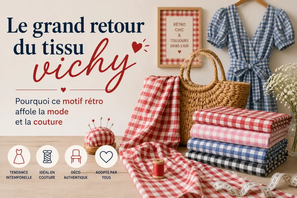 Image hero horizontale avec tissus vichy colorés, accessoires couture et ambiance rétro chic pour article sur le retour du motif vichy