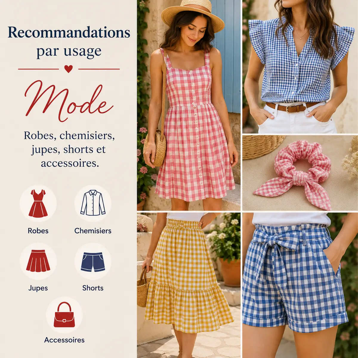 Créations mode en tissu vichy avec robe, chemisier, jupe et accessoires cousus dans différents coloris de carreaux