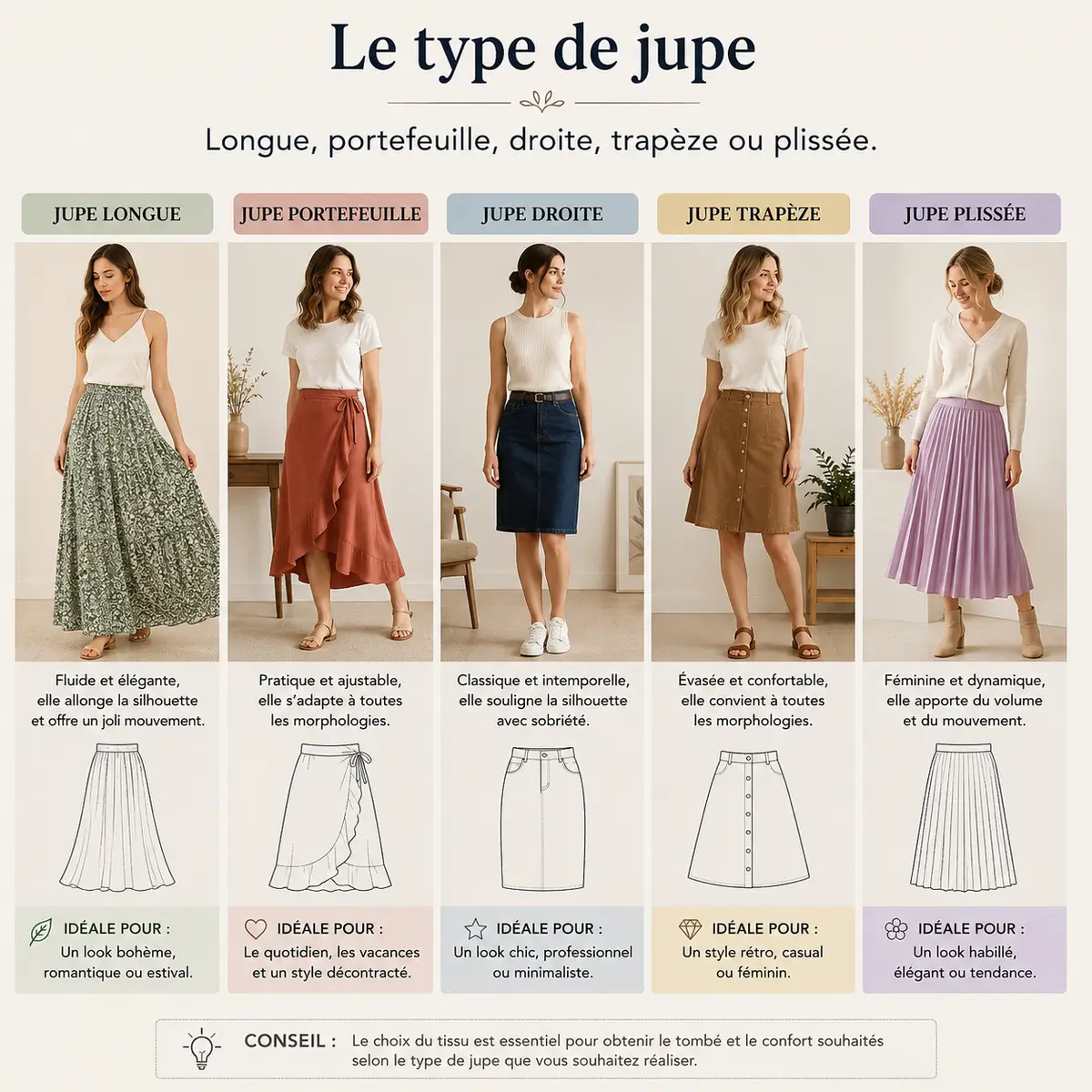 Quel tissu choisir pour une jupe ? Le guide complet pour trouver la matière idéale selon votre style 4 Différents types de jupes à coudre selon le tissu choisi