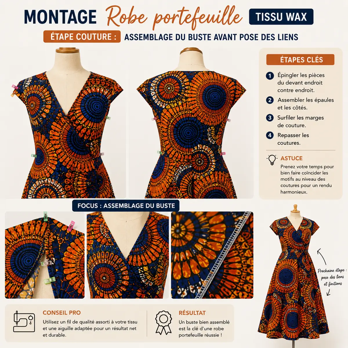 Montage d’une robe portefeuille en tissu wax avec assemblage du buste