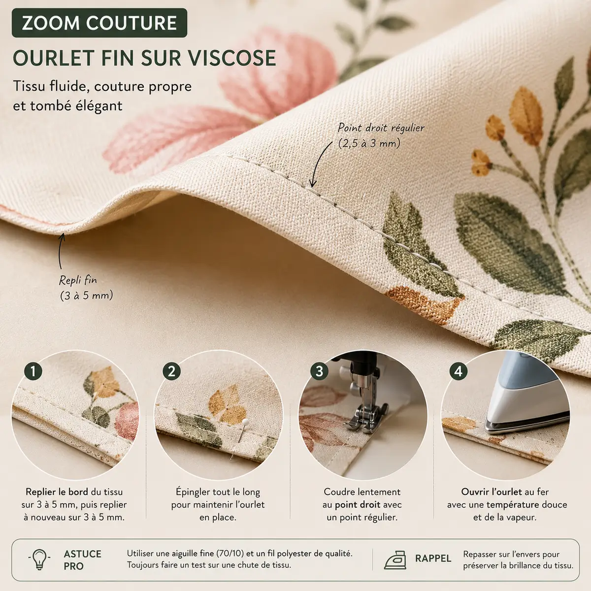 Tissu viscose : le guide complet pour bien le choisir, le coudre et l’entretenir 13 Zoom couture sur ourlet fin réalisé sur tissu viscose fluide avec point régulier