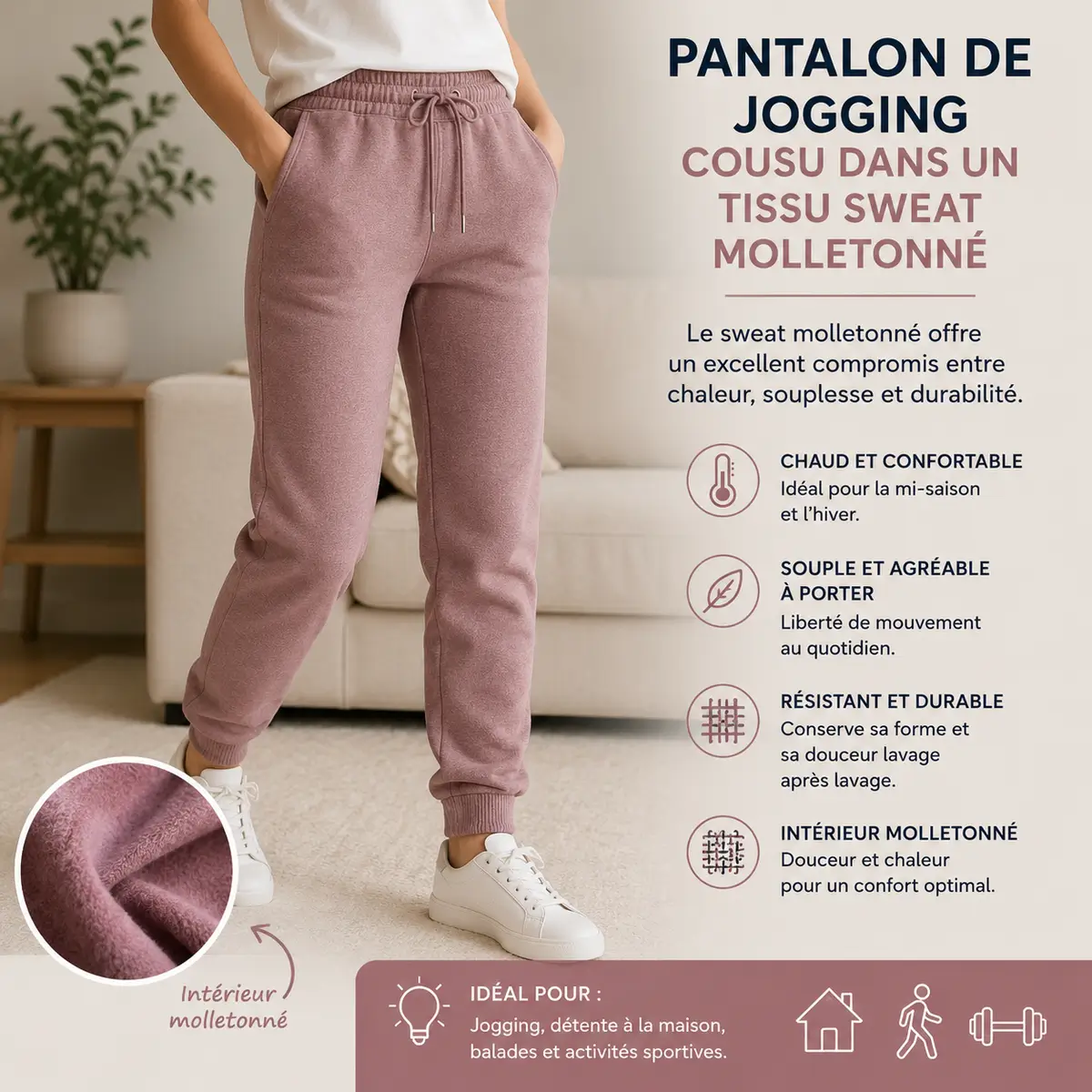 Pantalon de jogging cousu dans un tissu sweat molletonné