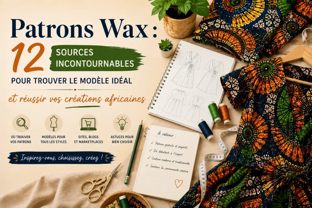 Image hero d’un atelier couture avec tissu wax africain, croquis de patrons, fils, mètre ruban et outils pour choisir un modèle de création wax