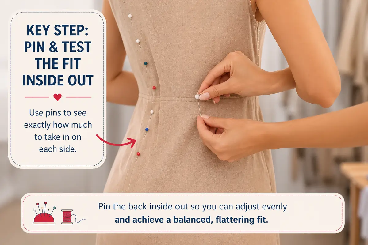 Trying on a dress inside out with pins marking the side seam alteration