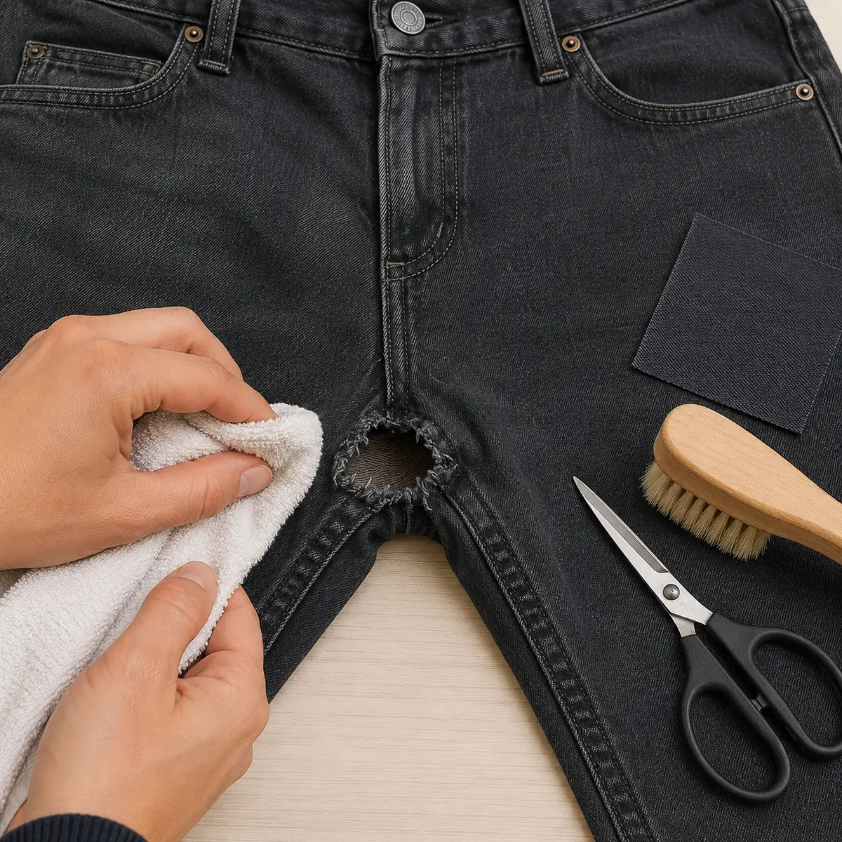 Préparation du pantalon avant réparation couture