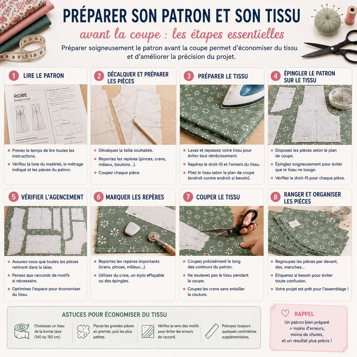 Combien de tissu faut-il pour coudre une robe, une jupe ou un pantalon ? 12 Étapes de préparation patron coupe tissu couture