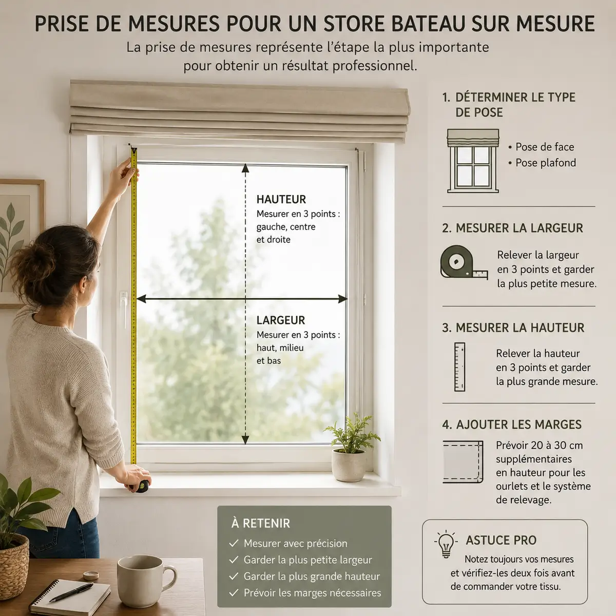Store bateau : le guide complet pour le coudre facilement et obtenir un résultat digne d’un décorateur 4 Prise de mesures avant confection d'un store bateau sur mesure