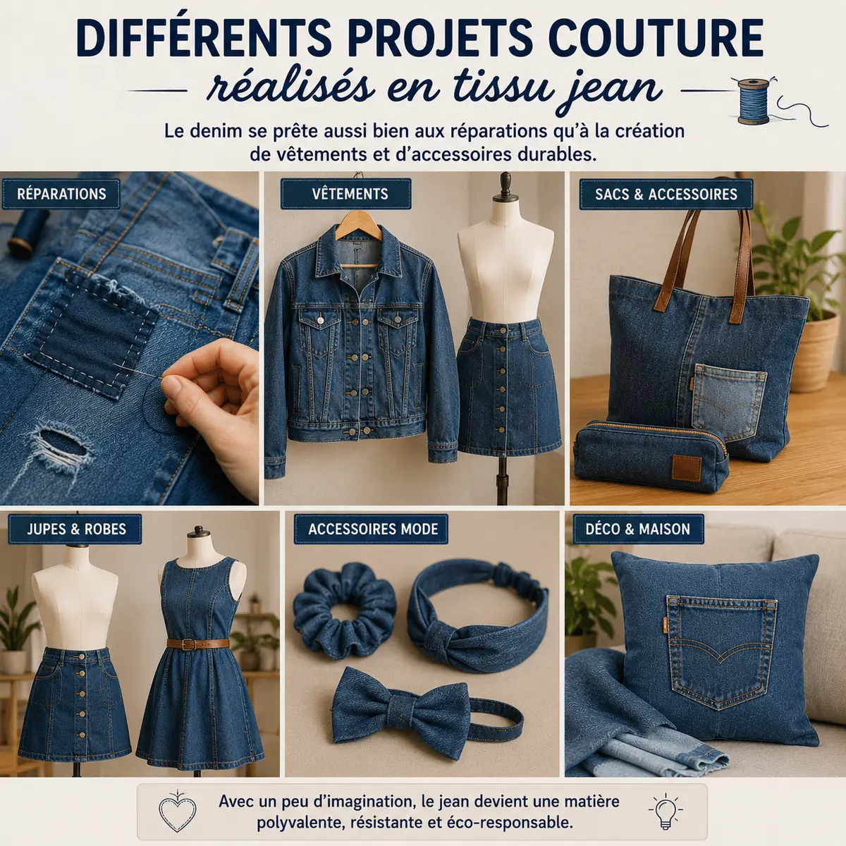 Différents projets couture réalisés en tissu jean