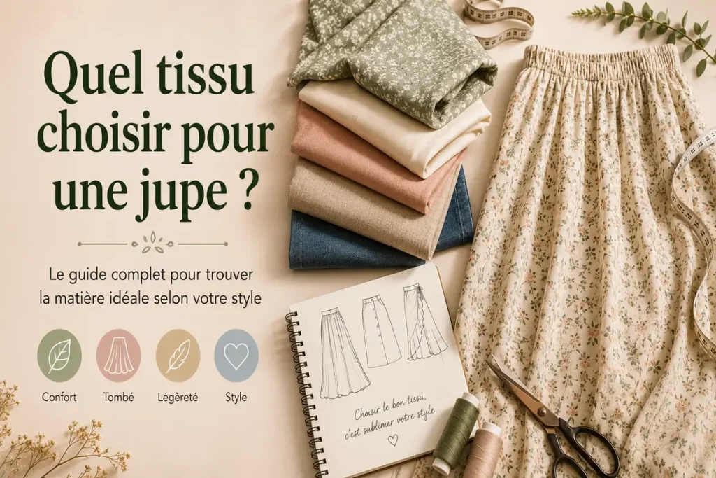 Tissus pour jupe en coton, lin, viscose et jean avec patron de couture, jupe fleurie et accessoires de couture pour choisir la matière idéale