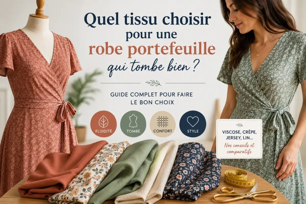 Image hero montrant une robe portefeuille fleurie sur mannequin avec des tissus pliés, pour illustrer le choix du tissu idéal selon la fluidité, le confort, le tombé et la morphologie.