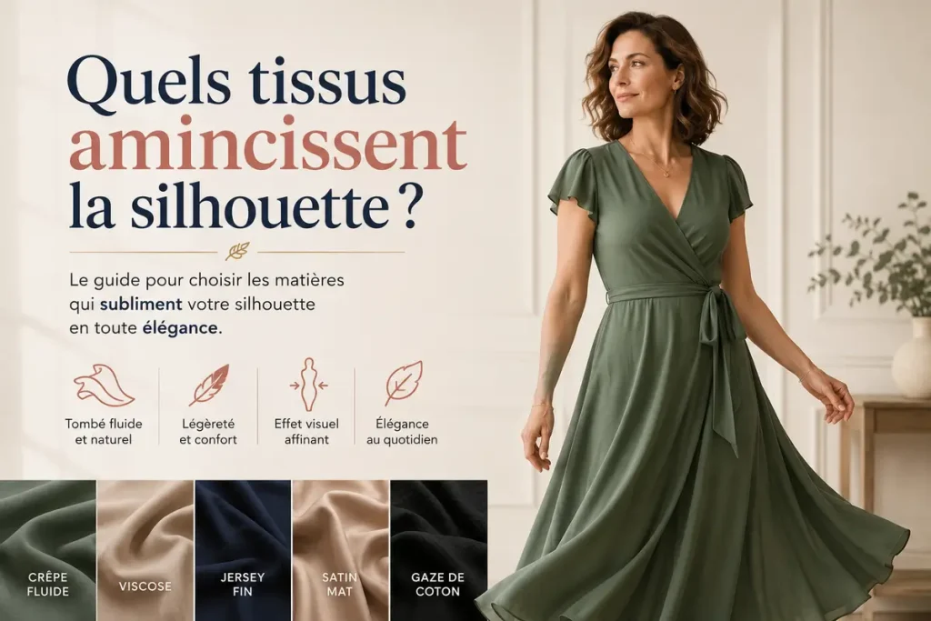 Femme portant une robe fluide verte avec exemples de tissus amincissants comme le crêpe fluide, la viscose et le jersey, pour mettre la silhouette en valeur.