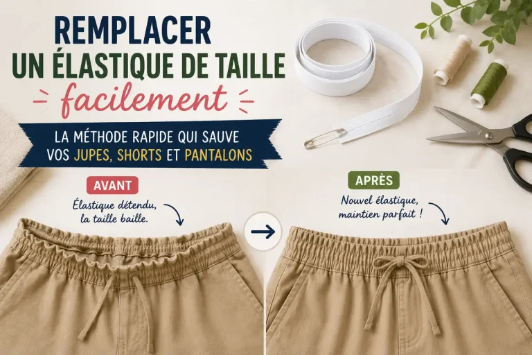 Image hero montrant le remplacement d’un élastique de taille avec avant après sur pantalon, élastique, épingle de sûreté et outils couture