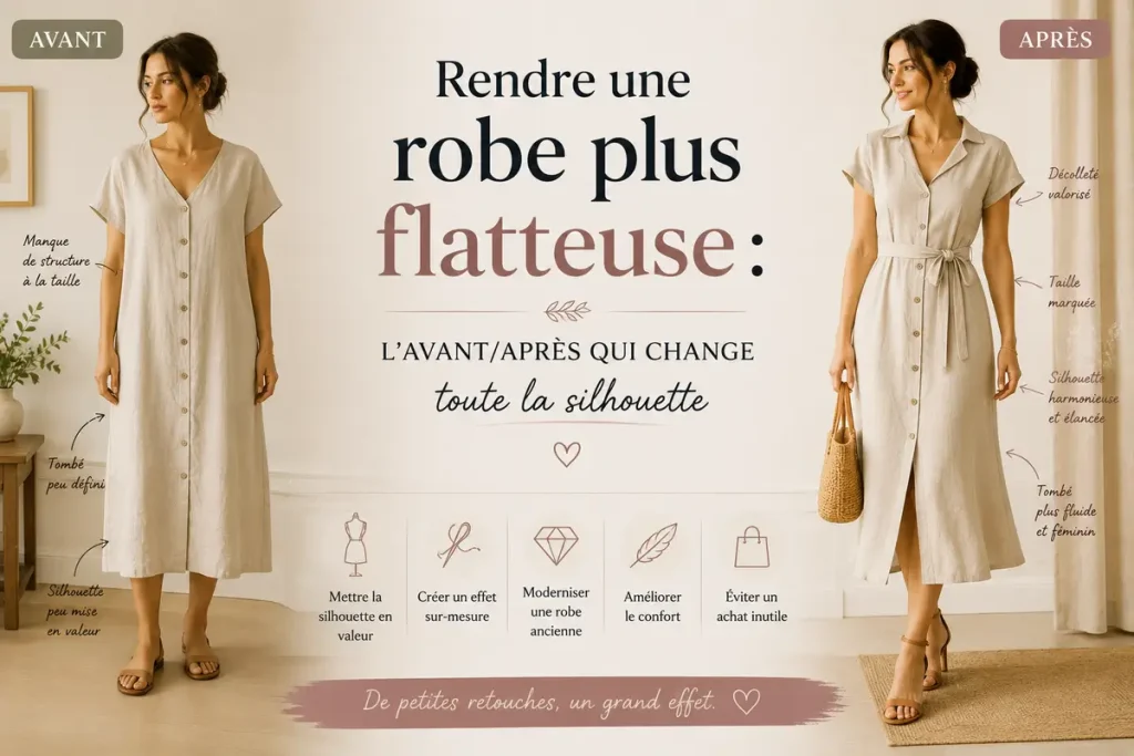 Image hero avant après montrant une robe en lin rendue plus flatteuse grâce à une taille cintrée, un tombé fluide et une silhouette harmonisée