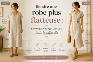 Image hero avant après montrant une robe en lin rendue plus flatteuse grâce à une taille cintrée, un tombé fluide et une silhouette harmonisée