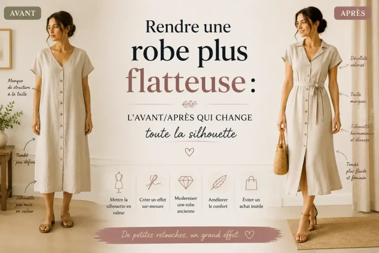 Image hero avant après montrant une robe en lin rendue plus flatteuse grâce à une taille cintrée, un tombé fluide et une silhouette harmonisée