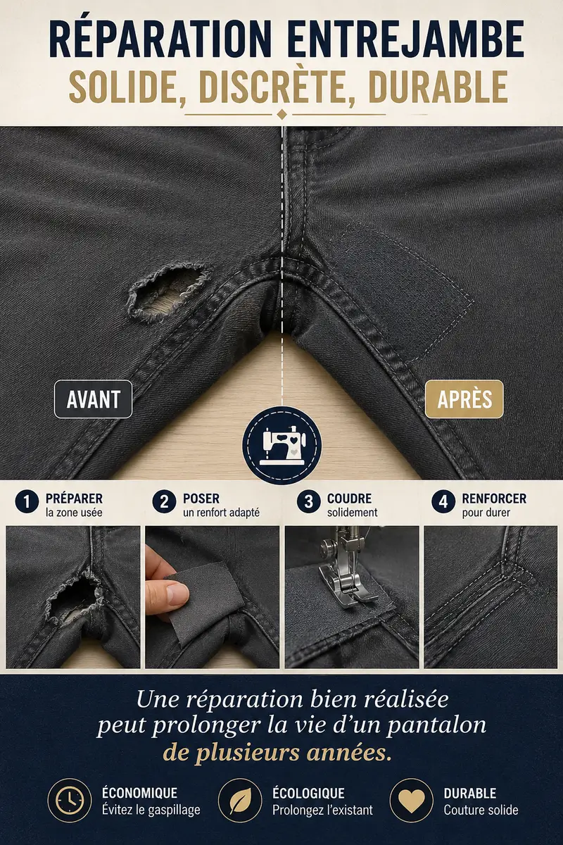 Réparation d'un pantalon usé à l'entrejambe avec couture de renfort sur jean bleu